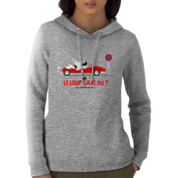 Sweat femme à capuche coton bio gris chiné Le Loup se gare où (Pandaluna,Animaux,Humour)