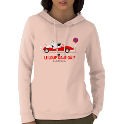 Sweat femme à capuche coton bio rose clair Le Loup se gare où (Pandaluna,Animaux,Humour)