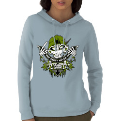 Sweat femme à capuche coton bio bleu ciel Free Party Never Die (E Cone,teufeur)