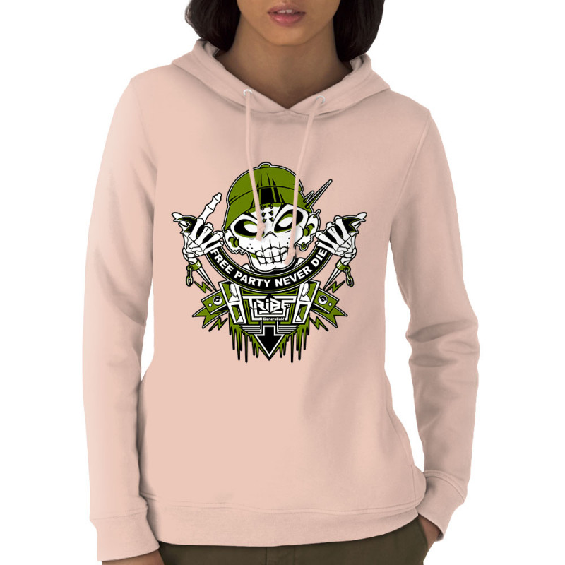 Sweat femme à capuche coton bio rose clair Free Party Never Die (E Cone,teufeur)