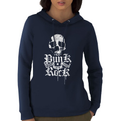 Sweat femme à capuche coton bio bleu marine Punk Rock Never Ends (Têtes de morts,Rock & Punk)