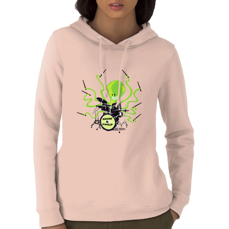 Sweat femme à capuche coton bio rose clair Poulpy Drum (Animaux,Humour,Ted Boundy)