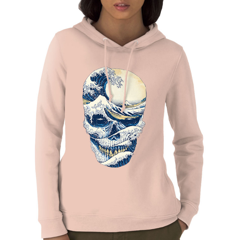 Sweat femme à capuche coton bio rose clair Hokusai Wave Skull (Têtes de morts,Amazon,Hokusaï,Musée)
