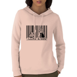 Sweat femme à capuche coton bio rose clair Code barre prison (Slogans engagés)