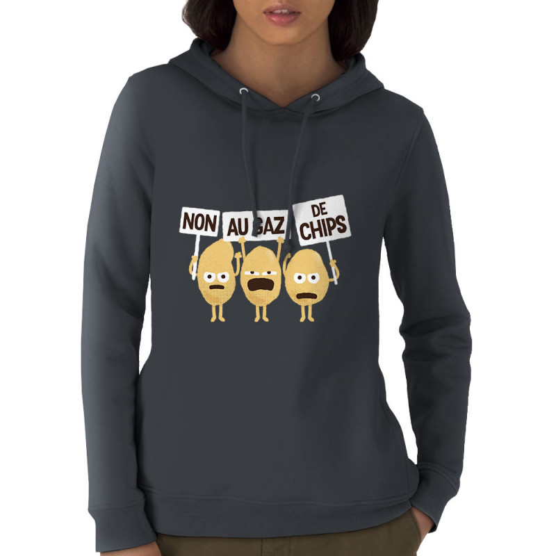 Sweat femme à capuche coton bio gris anthracite Non au gaz de chips (Alex Kidd,Humour,Fruits & Légumes)
