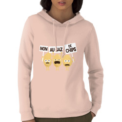 Sweat femme à capuche coton bio rose clair Non au gaz de chips (Alex Kidd,Humour,Fruits & Légumes)