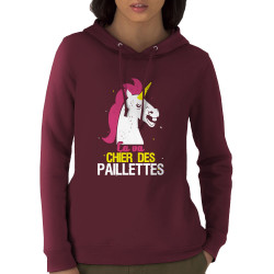 Sweat femme à capuche coton bio bordeaux Ca va chier des paillettes (Animaux,Humour,Amazon,Zewa)
