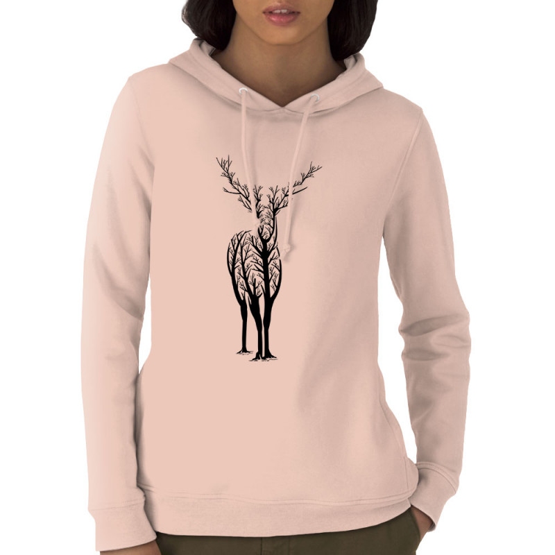 Sweat femme à capuche coton bio rose clair Deer Trees (Caffein Art,Animaux)