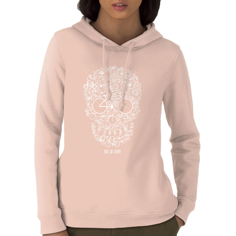 Sweat femme à capuche coton bio rose clair Bike or Death (Caffein Art,Ecologie,Têtes de morts,Vélo)