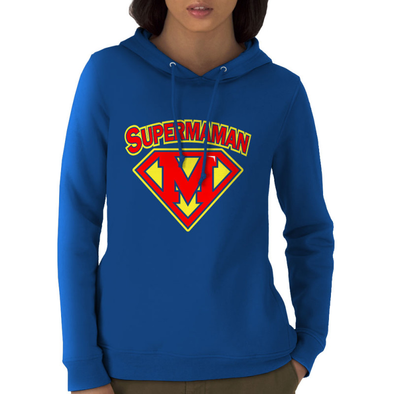 Sweat femme à capuche coton bio bleu royal Super Maman (Gondrax,Slogans Débiles,Humour,Fête des mères,Détournements,Papa Maman P
