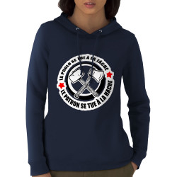 Sweat femme à capuche coton bio bleu marine Le prolo se tue à la tâche (Slogans engagés)
