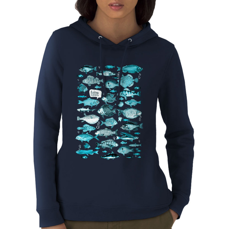 Sweat femme à capuche coton bio bleu marine Fishtre (Gondrax,Les Bébêtes,Animaux)