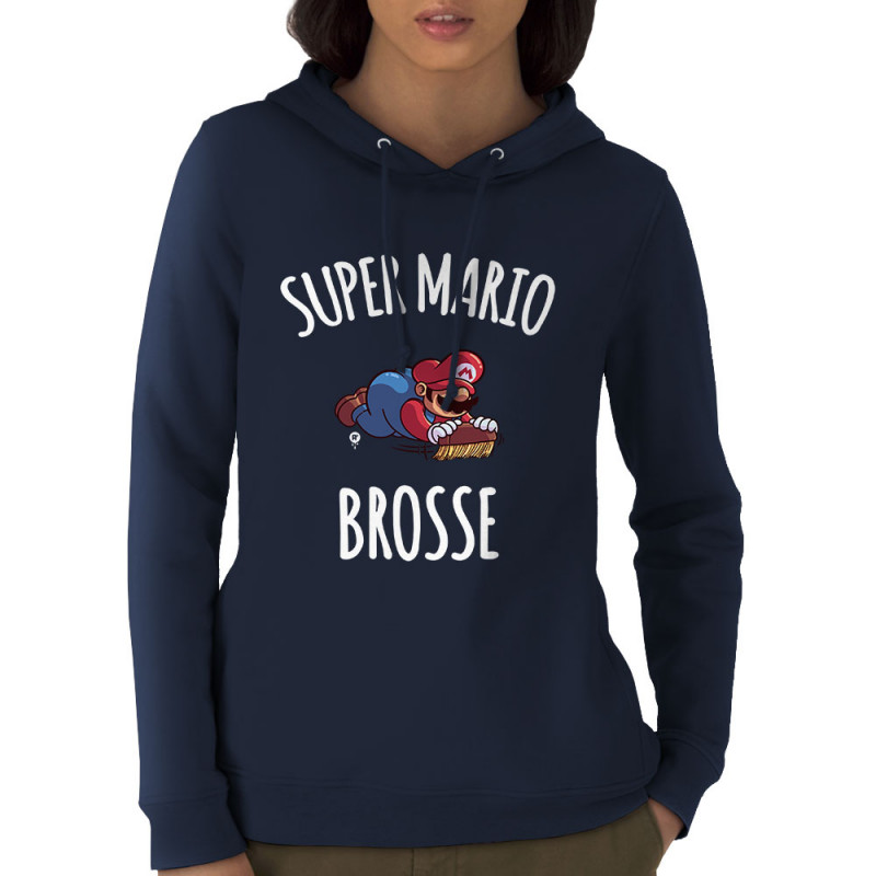 Sweat femme à capuche coton bio bleu marine Super Mario brosse (A²,Humour,Jeux Vidéo / Geek)