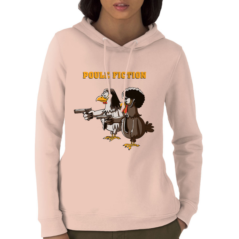 Sweat femme à capuche coton bio rose clair Poule Fiction (Mr Mouton,Animaux,Films/Séries)
