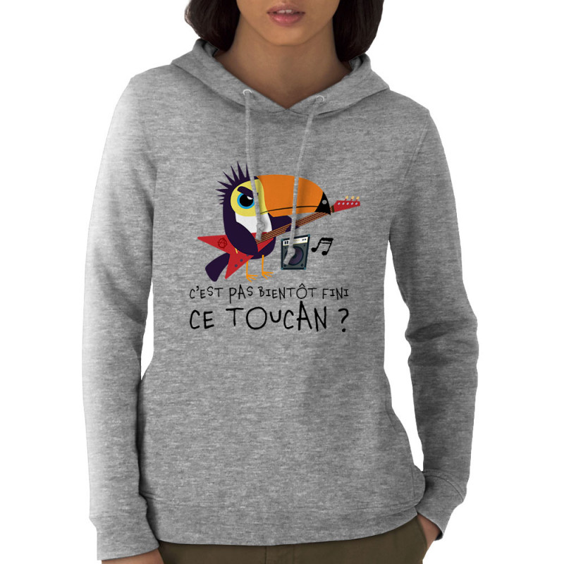 Sweat femme à capuche coton bio gris chiné Fini ce toucan (Andy,Animaux,Humour)