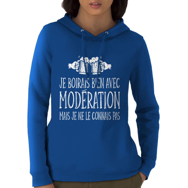 Sweat femme à capuche coton bio bleu royal Je boirais bien avec modération (Gondrax,Humour,Alcool)