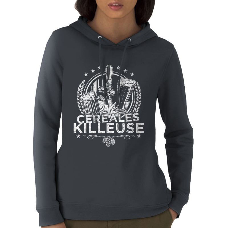 Sweat femme à capuche coton bio gris anthracite Céréales Killeuse 2 (Gondrax,Alcool,Humour)