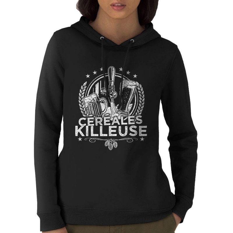 Sweat femme à capuche coton bio noir Céréales Killeuse 2 (Gondrax,Alcool,Humour)