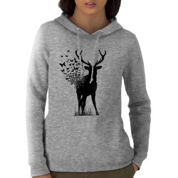 Sweat femme à capuche coton bio gris chiné Deer Butterfly (Caffein Art,Animaux,Ethnique)