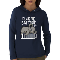 Sweat femme à capuche coton bio bleu marine Plus de batterie koala (Animaux,Humour,Manga Kawaï japan,Bébés,Paresse)