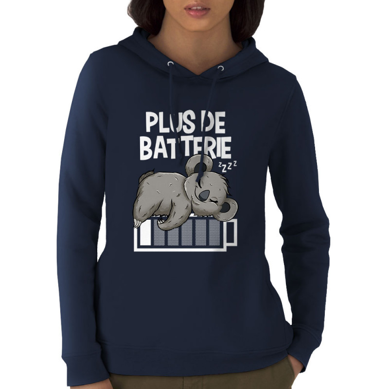 Sweat femme à capuche coton bio bleu marine Plus de batterie koala (Animaux,Humour,Manga Kawaï japan,Bébés,Paresse)