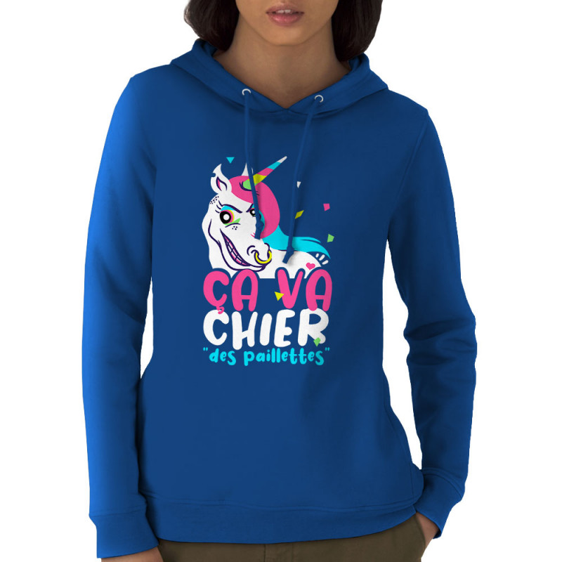 Sweat femme à capuche coton bio bleu royal Ca va chier des paillettes 2 (Zewa,Animaux,Humour)