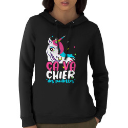 Sweat femme à capuche coton bio noir Ca va chier des paillettes 2 (Zewa,Animaux,Humour)