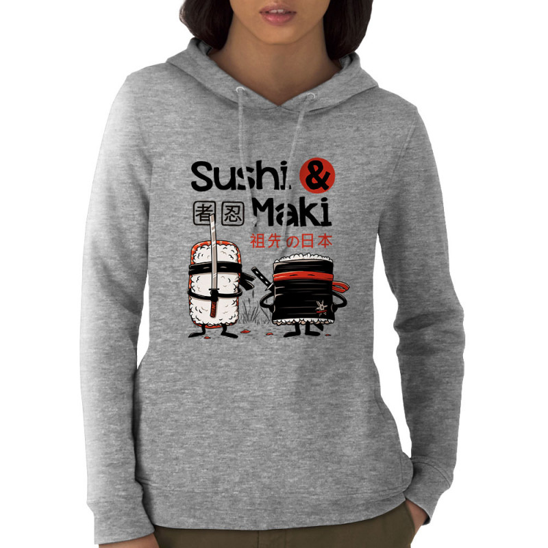 Sweat femme à capuche coton bio gris chiné Sushi et Maki (Le Duc,Fruits & Légumes,Humour,Manga Kawaï japan)