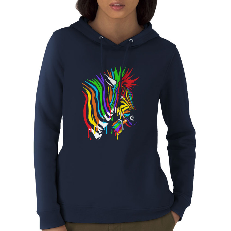 Sweat femme à capuche coton bio bleu marine Zèbre Anticonformiste (Zewa,Animaux)