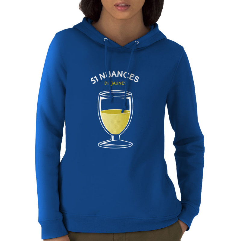 Sweat femme à capuche coton bio bleu royal 51 nuances de jaunes (Le Duc,Alcool)