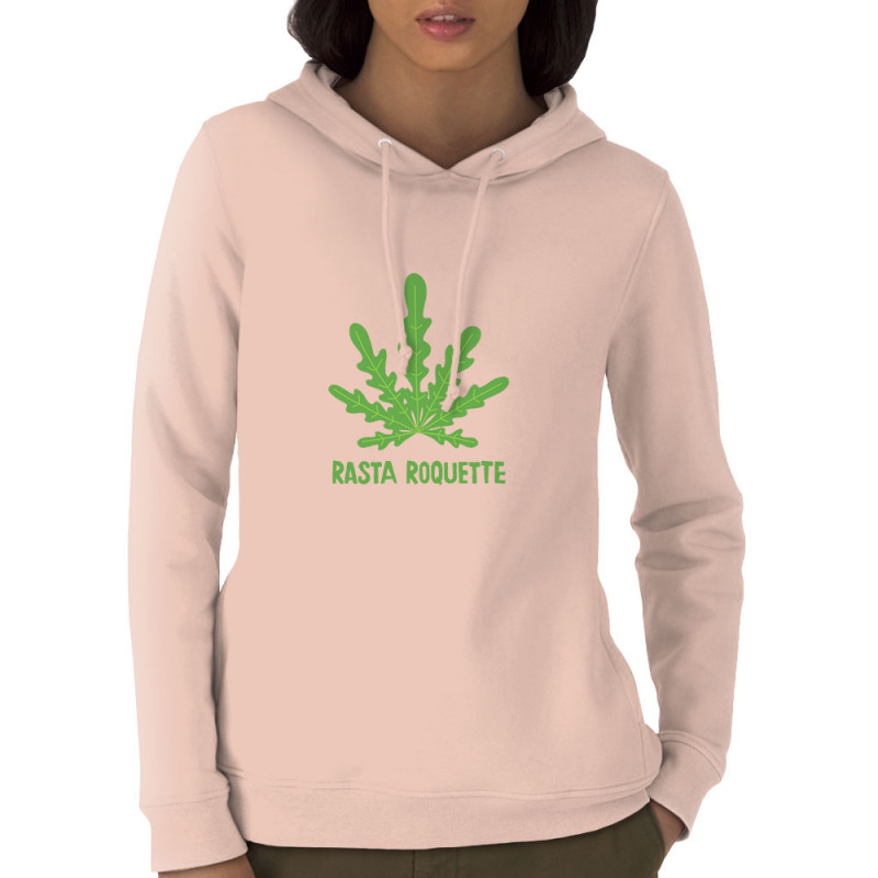 Sweat femme à capuche coton bio rose clair Rasta Roquette (Alex Kidd,Humour,Reggae)