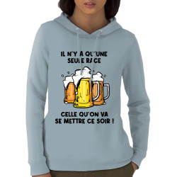 Sweat femme à capuche coton bio bleu ciel Une seule race (Gondrax,Alcool,Slogans Débiles)