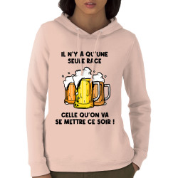 Sweat femme à capuche coton bio rose clair Une seule race (Gondrax,Alcool,Slogans Débiles)