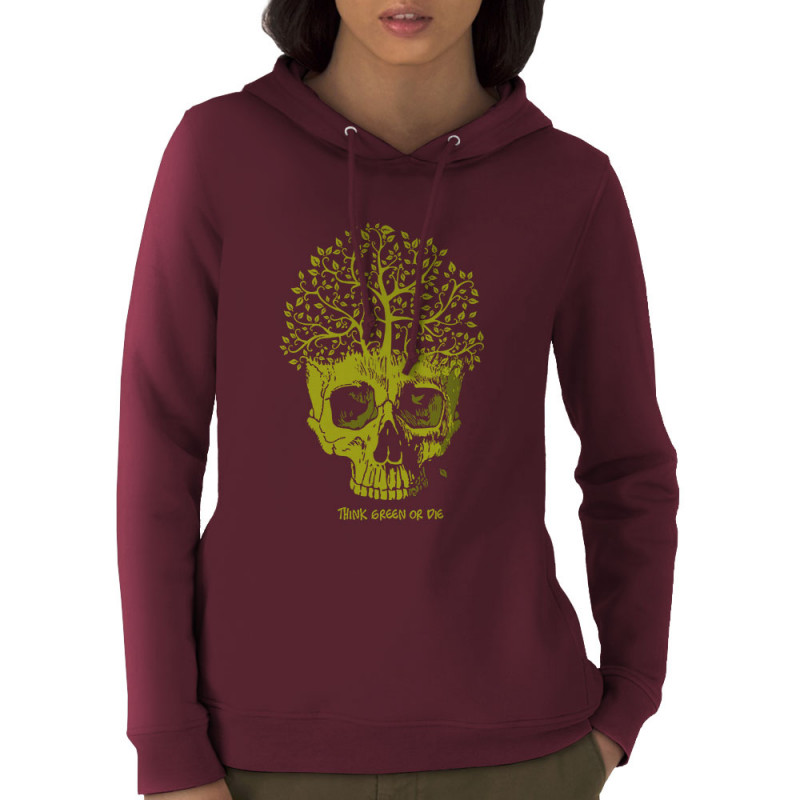 Sweat femme à capuche coton bio bordeaux Think green or die (Gondrax,Ecologie,Têtes de morts)