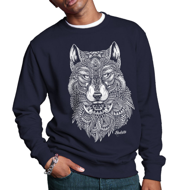 Sweat homme col rond bleu marine Bad River - The Wolf (Taïry Greene,Bad River,Animaux)