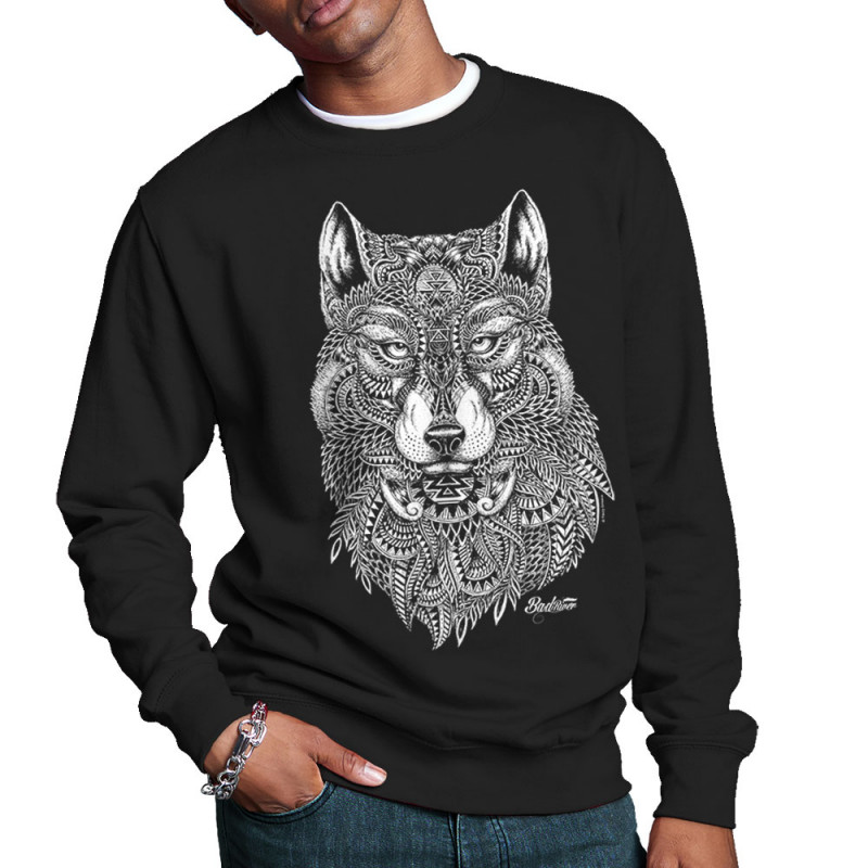 Sweat homme col rond noir Bad River - The Wolf (Taïry Greene,Bad River,Animaux)