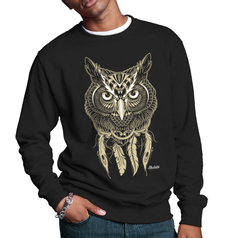 Sweat homme col rond noir Bad River - Little Owl (Bad River,Animaux,Ethnique)