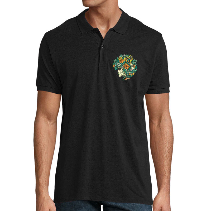 Polo homme coton bio noir Santa Muerte - Flourish Dead Girl (Santa Muerte,Têtes de morts)