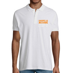 Polo homme coton bio blanc Sauvez le monde (Ted Boundy,Slogans engagés,Humour)