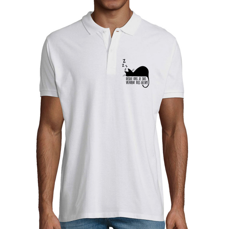 Polo homme coton bio blanc Désolé mais je suis très occupé (Gondrax,Animaux,Humour,Chats,Paresse)