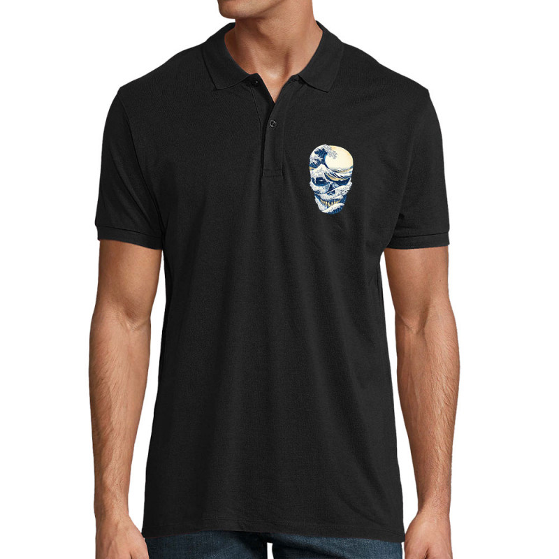 Polo homme coton bio noir Hokusai Wave Skull (Têtes de morts,Amazon,Hokusaï,Musée)