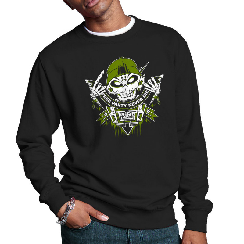 Sweat homme col rond noir Free Party Never Die (E Cone,teufeur)