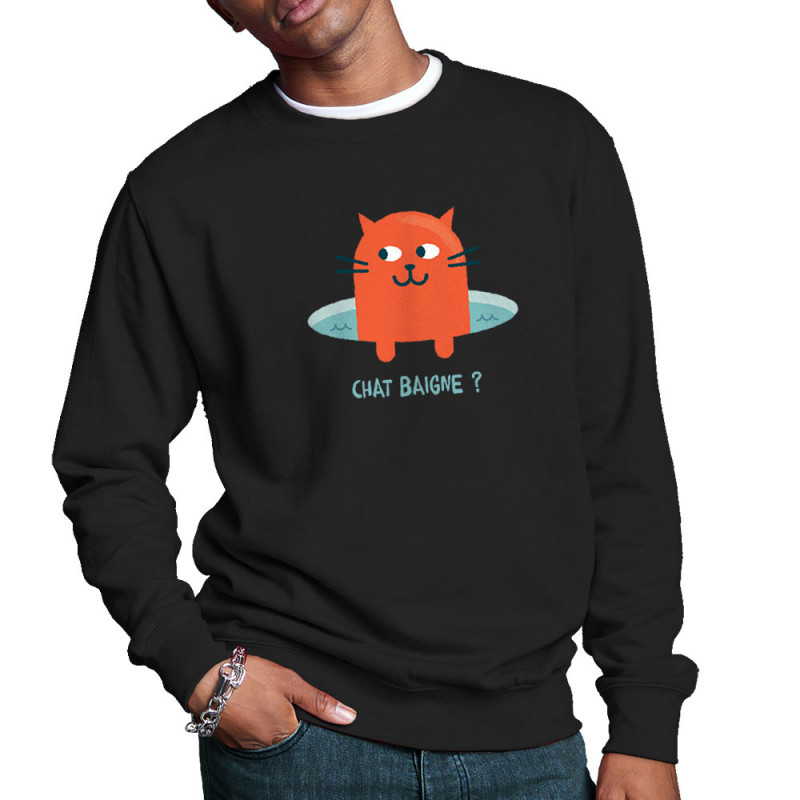 Sweat homme col rond noir Chat baigne ? (Alex Kidd,Animaux,Humour,Chats)