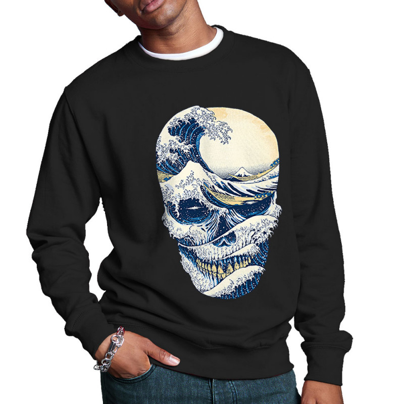 Sweat homme col rond noir Hokusai Wave Skull (Têtes de morts,Amazon,Hokusaï,Musée)