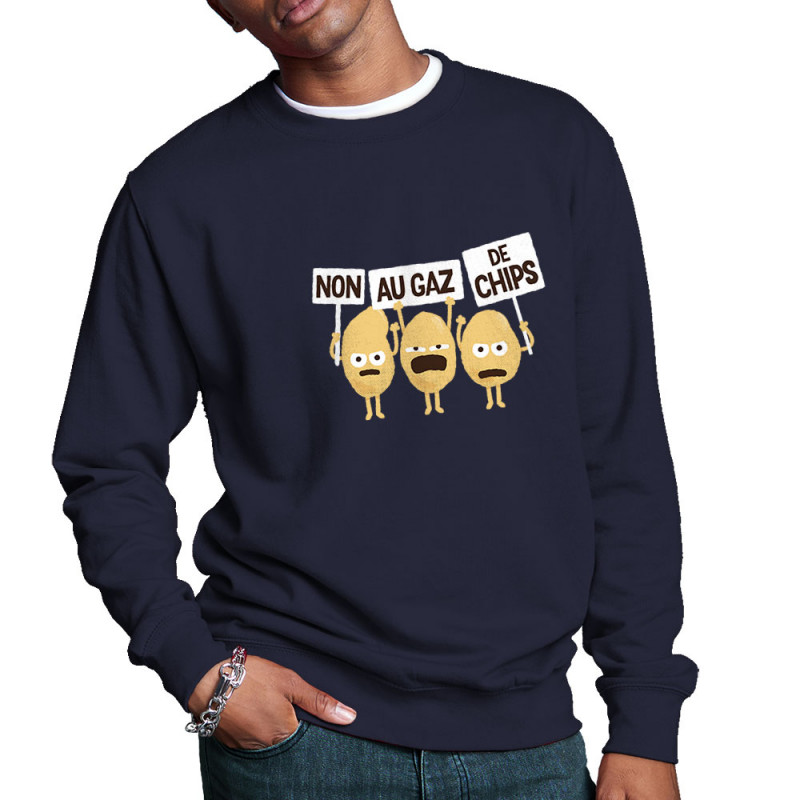 Sweat homme col rond bleu marine Non au gaz de chips (Alex Kidd,Humour,Fruits & Légumes)