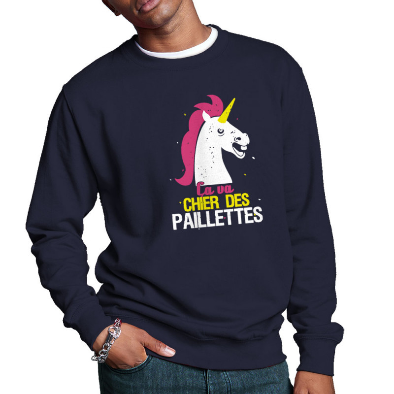 Sweat homme col rond bleu marine Ca va chier des paillettes (Animaux,Humour,Amazon,Zewa)