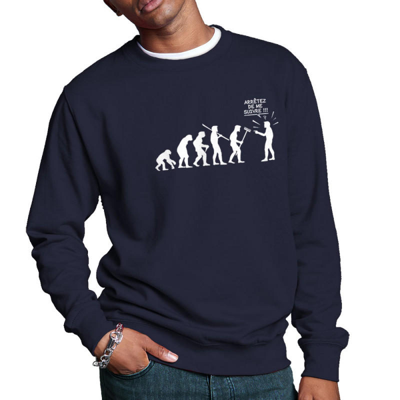 Sweat homme col rond bleu marine Arrêtez de me suivre (Gondrax,Humour,Evolution)