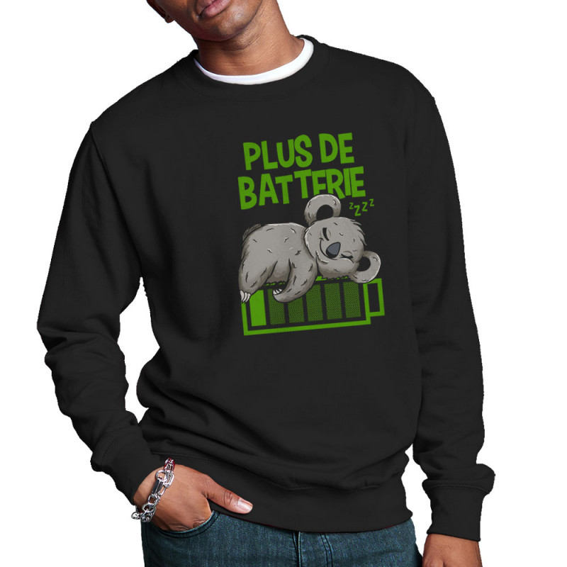 Sweat homme col rond noir Plus de batterie koala (Animaux,Humour,Manga Kawaï japan,Bébés,Paresse)