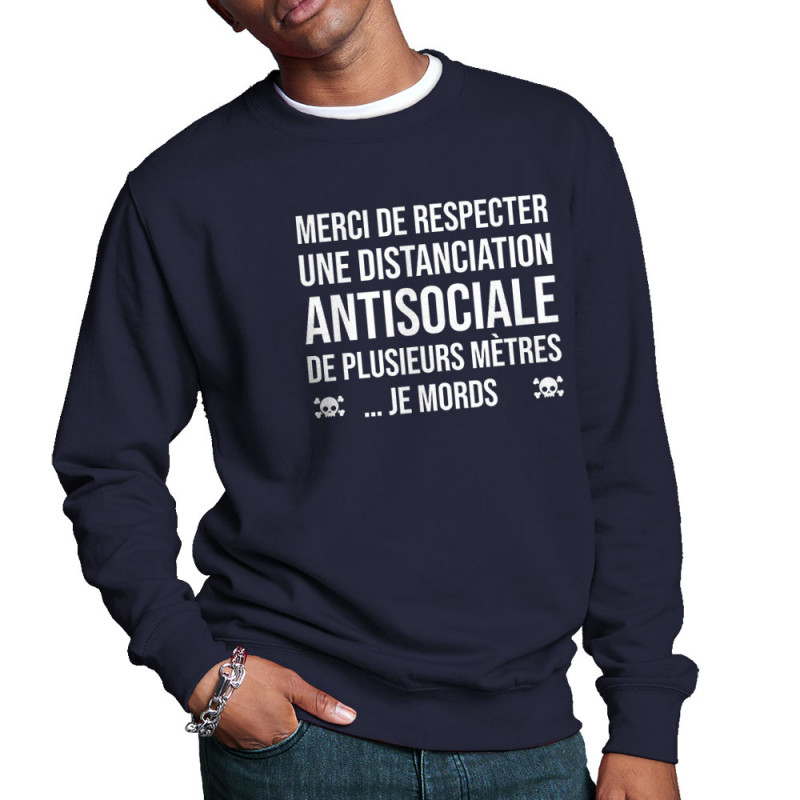 Sweat homme col rond bleu marine Distanciation Antisociale (Gondrax,Slogans Débiles,Humour)