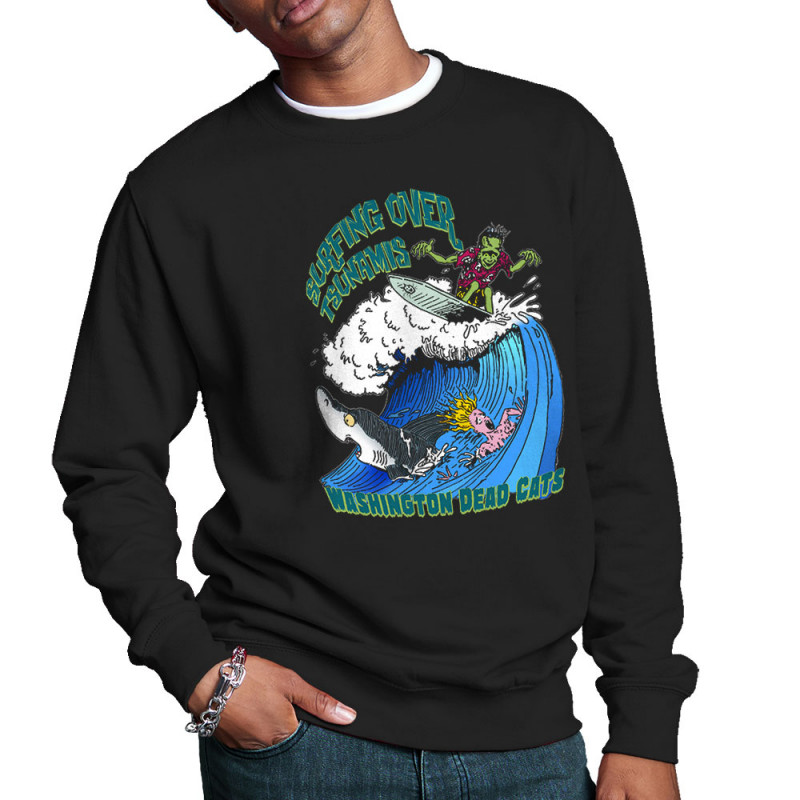 Sweat homme col rond noir Surfing Over Tsunamis (Washington Dead Cats,Skate)